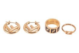 Fendi - a pair of F Is Fendi hoop earrings in gold-toned base metal with post fittings, signed and n