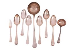 A George III silver soup ladle, London 1811 by Solomon Hougham, 33 cm, together with assorted silver