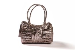 Anya Hindmarch - a mini boston bag in woven metallic silver leather. Condition: B+; one feet missing