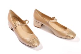 Rene Caovilla - a pair of Kristen Mary Jane in beige lamb skin leather and gold rhinestones. (size 3