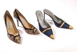 A pair of Jimmy Choo stilettos in snakeskin with black patent leather trims (size 38.5); and a pair 