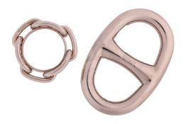Hermès - two scarf rings; to include a ‘Chaine d’Ancre’ stainless steel scarf 90 ring, signed, measu