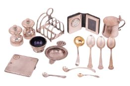 A collection of small silver items, comprising: a George III mustard, Newcastle 1769 (marks rubbed);