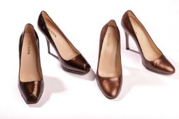 Prada - a pair of peep toe heels in tobacco patent leather (size 38); another pair of round toe heel