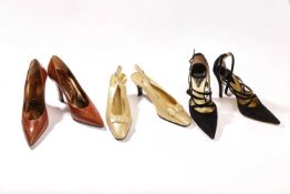 Charles Jourdan - a pair of pointed pumps in tanned leather with gold-tone accents (size 8); a pair 