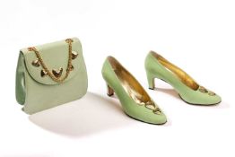 Escada - a pair of heels in mint suede with heart motifs; together with matching handbag. (2) Condit