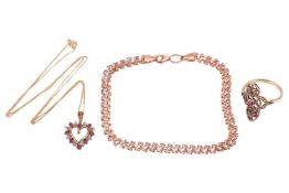 A group of jewellery; to include a bi-colour fancy link bracelet, in pink and white metal, with lobs