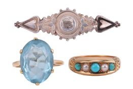 An Edwardian turquoise and split pearl half hoop ring in 18ct gold, alternating with round turquoise