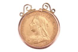 A 1900 Victoria half sovereign, in a scrolled pendant mount of pink metal stamped 