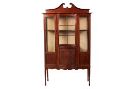 An Edwardian mahogany stepped bowfront and classical marquetry display cabinet, 193cm high x 113cm w