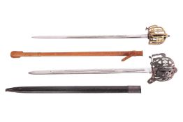 A Scottish officer's basket-hilted sword and leather-covered scabbard, 82 cm length of blade, togeth