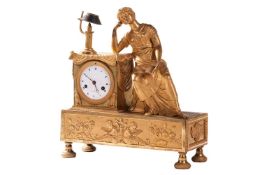 A French Empire ormolu mantel clock, circa 1820, with the seated figure of Calliope beside a lampe b