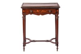 A Napoleon III rosewood and marquetry rectangular Bouillotte table with gallery top and floral spray