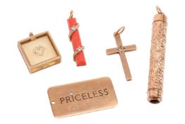 A small group of jewellery items; comprising a precious coral pendant in 18ct yellow gold with diamo