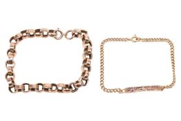 Two chain bracelets; the first comprised of oval belcher links of 6.0 x 8.0 mm, with alternating smo