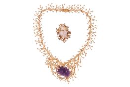 A Christian Dior necklace of feather design, circa 1960s, set with an amethyst druzy cluster to the 