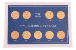 A collection of nine Edward VII full sovereigns in presentation case, ranging from 1902 to 1910, all