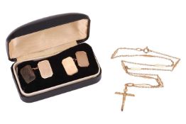 A pair of octagonal panel cufflinks in 9ct yellow gold, a crucifix stamped '9ct' on a 41.0 cm long f