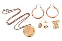 A small group of jewellery items comprising a yellow metal bead bracelet, marked '750', a pair of 9c