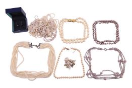 A group of beaded jewellery; to include three cultured pearl necklaces, a pair of cultured pearl dro