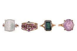 A group of four gem-set rings; to include a tourmaline ring in 9ct gold, size P½, 3.3 grams; an amet