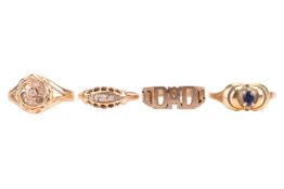 Four rings; to include a diamond-set half-hoop ring in 18ct gold, size P½; a CZ cluster ring in yell