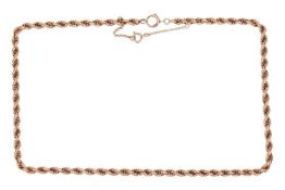 A 9 carat gold rope twist chain, with jump ring clasp and safety chain; hallmarks for Birmingham 197