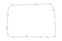 A cultured pearl and chain necklace, the fine flat cable link chain set with ball spacers and potato