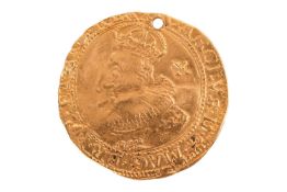 A Charles I hammered gold double crown coin, bearing a profile bust of Charles I and a quartered shi