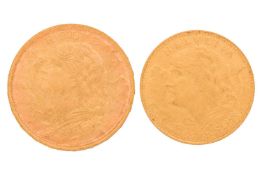 A Swiss 1935 twenty gold Franc coin and a Swiss 1922 ten gold Franc coin. 9.7 grams combined weight,