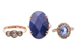 Three gem-set rings, comprising a three-stone paste-set ring, hallmarked 9ct gold, Chester 1912, siz