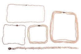 Five cultured pearl necklaces; to include a strand of round cultured akoya pearls of approximately 6