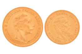 A Prussian 1912 twenty-mark gold coin and an 1888 Prussian ten-mark gold coin, 11.9 grams combined w