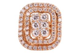 A single diamond-set stud earring, comprising a central rectangular cluster of eight grain-set round