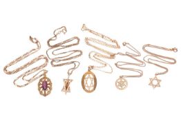 Five pendants on chains; to include a rolled gold pendant set with a purple paste, on a 9ct Figaro l
