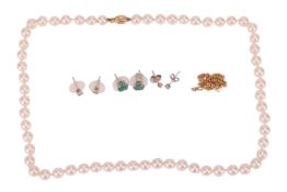 A group lot of jewellery to include; a cultured akoya pearl necklace, featuring round pearls of appr