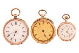 A lady's 9k cased continental 15 jewel keywind open-faced fob watch, white glass Roman dial, 3.4 cm 