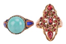 A Chinese turquoise cabochon dress ring, the round turquoise cabochon of 10.1 x 10.1 x 5.3 mm, set i