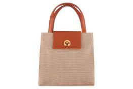 Bulgari - a Turnlock logo mini tote bag in beige canvas and tanned leather, square canvas body equip
