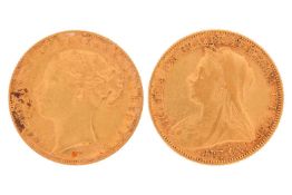 Two Victorian gold sovereign coins, including 1885 