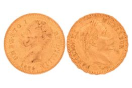 A French 1861 gold twenty Franc coin, and an Italian 1884 twenty Lira coin. 12.9 combined weight, 19