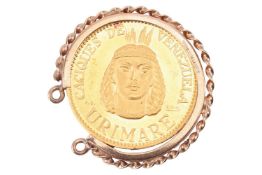A Venezuelan Caciques Urimare coin token in pendant mount, commemorating Venezuelan Indian chiefs, s