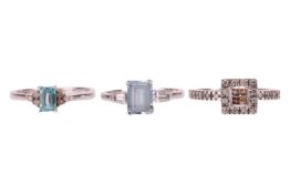 Three gem-set rings; to include a zircon and diamond dress ring in 9ct white gold, size Q½; a square