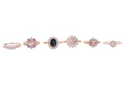 Six gem-set rings in 9ct gold; to include a ruby and diamond cluster ring in size L, a diamond starb