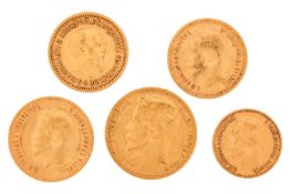 A small collection of five Russian gold coins, including 1897 fifteen roubles, 1889 five roubles, fi