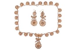 A floral necklace and drop earring suite, in gilt metal set with faux seed pearls, 40.0 cm long, 36.