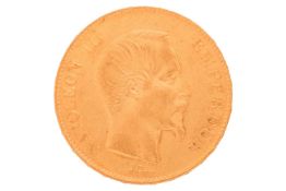 A French 1858 Napoleon III one-hundred-Franc gold coin, 32.3 grams, 34 mm diameter.