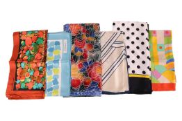 A collection of six designer square scarves; to include a Lanvin floral printed silk scarf, a Givenc