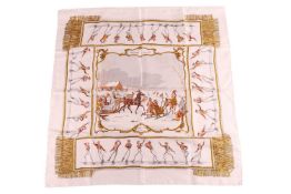 Hermès - 'Les Plaisirs du Froid (pleasure of the cold)' silk square scarf in white and brown colourw