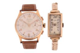Two Wrist Watches; The first an ‘18K’ Delrio chronograph wrist watch, the 38mm case enclosing a whit